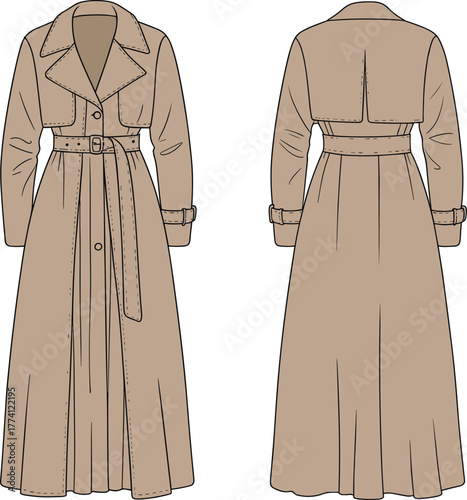 Long trench coat technical sketch, front back view, belted waist, notched lapel, pleated detail, fashion design, garment template, illustration