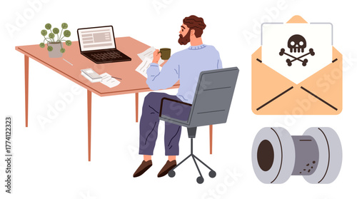 Businessman reading documents at a desk with laptop, coffee, while an email threat and ransomware concept icon highlight cybersecurity risks. Ideal for IT, security, remote work, business, awareness