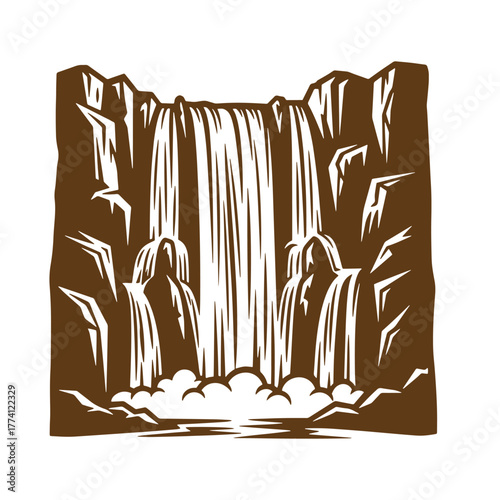 Brown and white illustration of a majestic waterfall flowing down cliff face vintage art