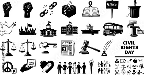 Civil Rights Day Black and White Icons Set: Justice, Freedom, Equality Symbols, Protest, and American History Elements