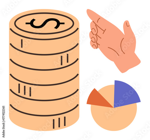 Stack of coins, hand gesture, and pie chart element. Ideal for finance, investment, budgeting, decision-making, profit analysis economic growth savings. Simple flat metaphor
