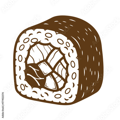 Delicious detailed vintage art style sushi roll isolated on a pure white background