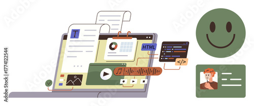 Laptop screen displaying coding, media, graphs, articles, music, and profile icons with HTML snippets. Ideal for technology, productivity, creativity coding remote work education collaboration