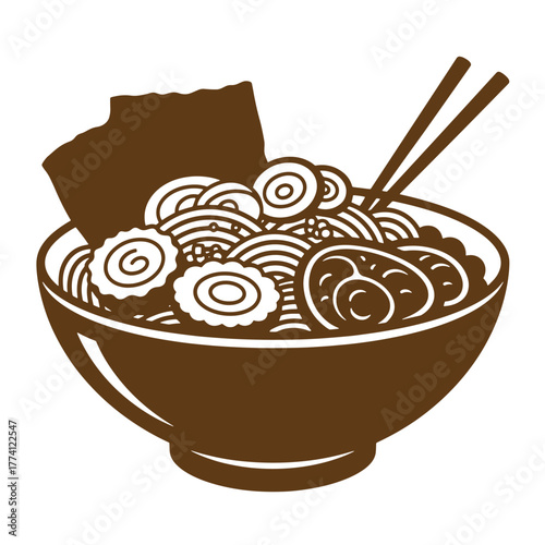 Delicious vintage art illustration of a bowl of traditional japanese ramen noodles