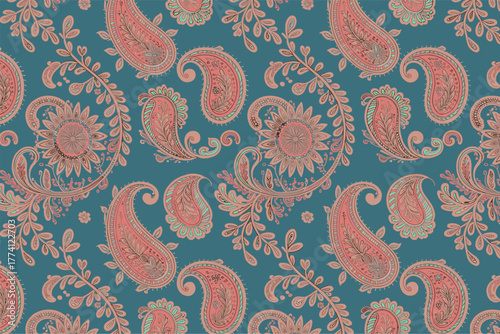 Seamless paisley pattern, floral teardrop motifs, dark teal background, textile design, ornate vector illustration, decorative fabric print, fashion template