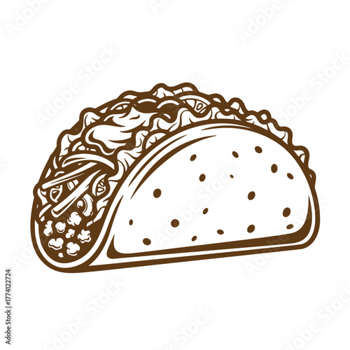 Deliciously detailed vintage art illustration of a mouthwatering mexican taco ready to eat
