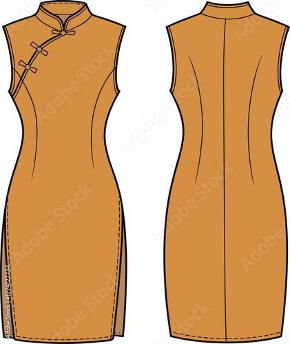 Traditional Chinese qipao dress front back view, sleeveless cheongsam illustration, brown garment template, fashion design, cultural costume reference