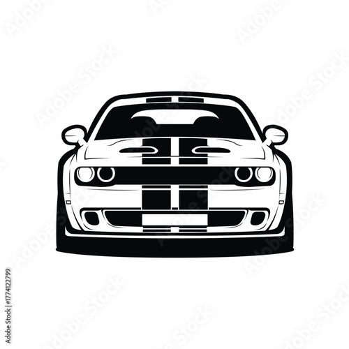 Modern American Muscle Car Front View Monochrome Silhouette Vector Isolated