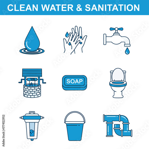 Collection of line art symbols representing clean water and sanitation solutions for global health and hygiene initiatives.