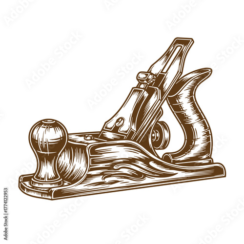 Detailed woodworking hand plane illustration vintage art for carpentry and crafts