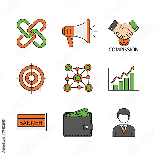 Business elements representing various concepts such as partnership, marketing, finance, and growth on a clean white backdrop.