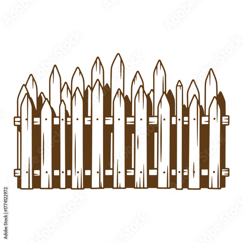 Brown wooden picket fence vintage art vector illustration isolated on white background