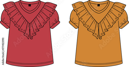 Women's blouses, ruffled lace collar, puff sleeves, eyelet detail, V-neck design, fashion illustration, garment template, stylish top, vector clothing