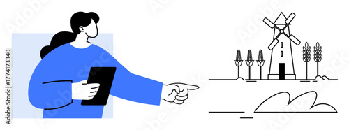 Woman holding tablet, pointing towards windmill, wheat, trees, and nature. Ideal for farming, environment, sustainability agriculture technology education rural life. A simple flat metaphor