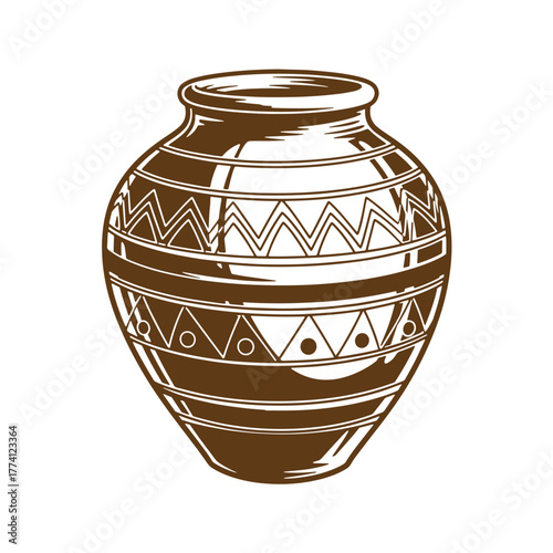 Hand drawn brown vintage art pottery jar decorated with abstract geometric patterns