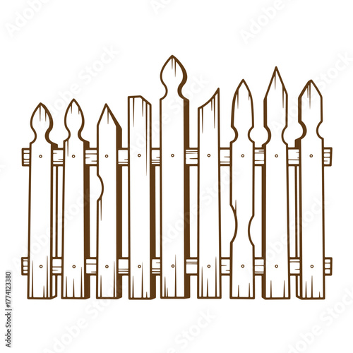 Detailed vintage art illustration of a brown wooden picket fence isolated on white