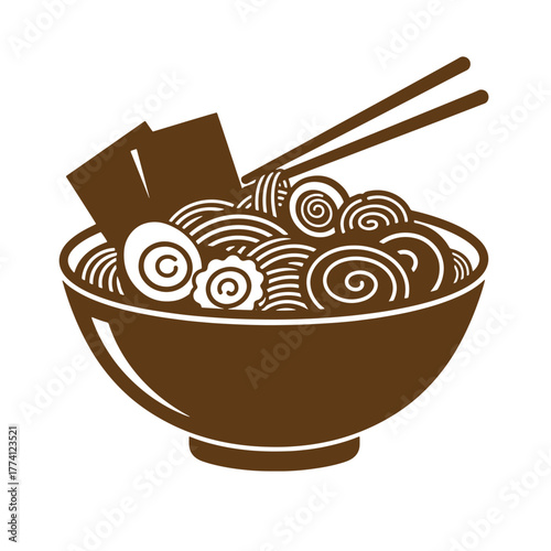 Simple brown illustration of a delicious bowl of ramen noodles with chopsticks