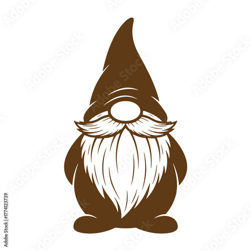 Simple brown gnome illustration with a long beard and pointy hat vintage art