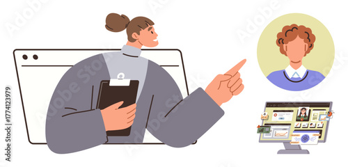 Woman holding clipboard, pointing towards avatar and digital screen with profiles and tasks. Ideal for teamwork, leadership, remote work, communication, virtual collaboration, project management
