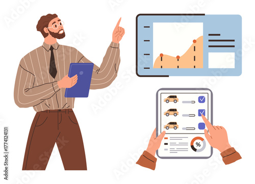 Man with a tablet gestures toward data charts, paired with hands assessing vehicle checklist. Ideal for analysis, strategy, performance review, research, business planning, education, flat simple