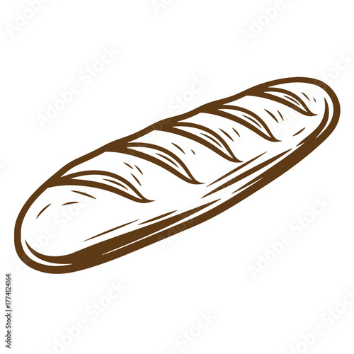 Simple vintage art illustration of a brown loaf of french bread on a white background