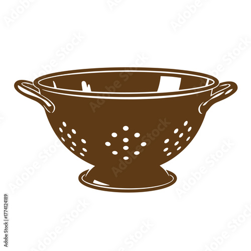 Vintage art illustration of a brown colander ideal for cooking and food preparation on a white background