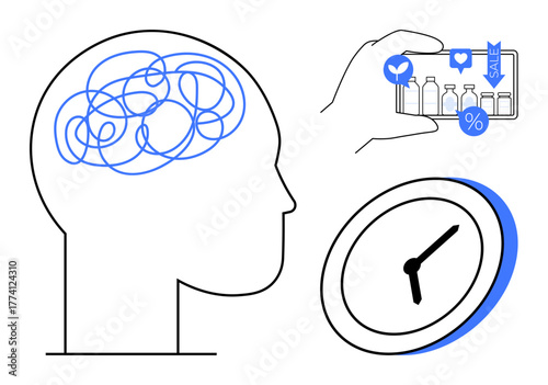 Head outline with tangled thoughts, hand holding smartphone with social icons and sale notifications, and clock symbolizing digital distractions, mental strain, productivity. Ideal for multitasking