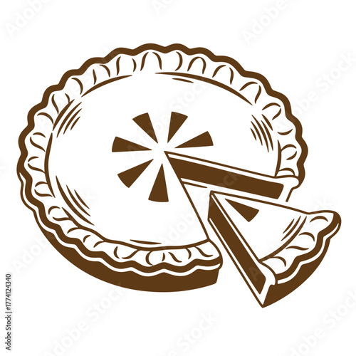 Vintage art illustration of a delicious apple pie with a slice cut out and served