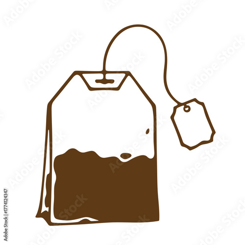 Vintage art illustration of a brown and white tea bag with a hanging tag and string