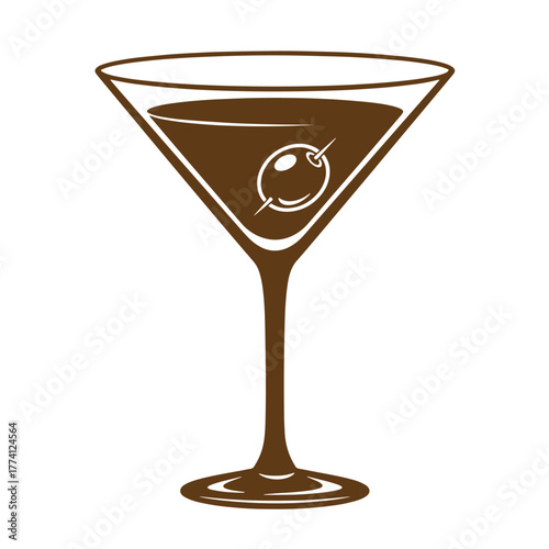 Vintage art illustration of a classic martini cocktail with an olive in a sophisticated glass