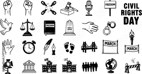 Civil Rights Day Icons: Freedom, Justice, and Equality in Symbolic Black and White Illustrations