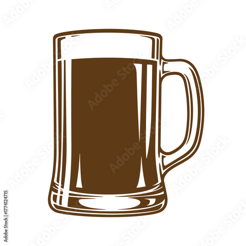 Vintage art illustration of a full brown beer mug on white background