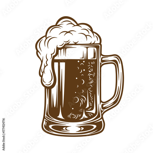 Vintage art illustration of a full mug of beer with overflowing foam