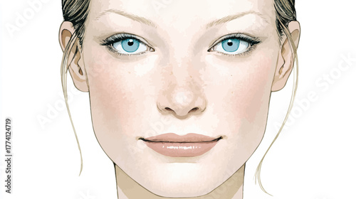 Detailed illustration of a beautiful young woman's face with striking blue eyes, fair skin, and a subtle smile, front-facing portrait.