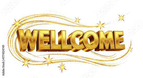Golden wellcome text with sparkling trails and stars against a black background in a graphic design on transparent background