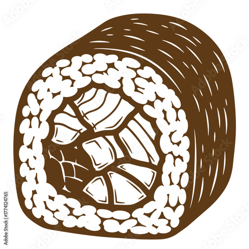 Vintage art illustration of a sushi roll with rice and delicious ingredients on white background