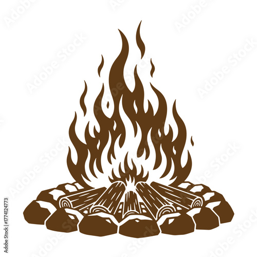 Vintage art illustration of a campfire burning brightly with flames and firewood