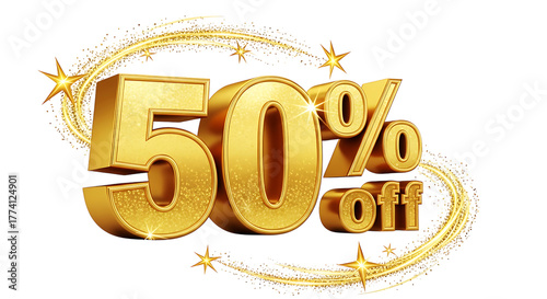 Golden fifty percent off with star trails on a black background for promotional advertising design on transparent background
