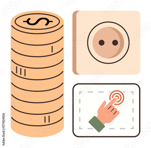 Stacked coins with a money symbol, a power outlet, and a hand tapping a touchscreen button. Ideal for money, payments, energy, power, finance technology savings consumption. Simple flat metaphor