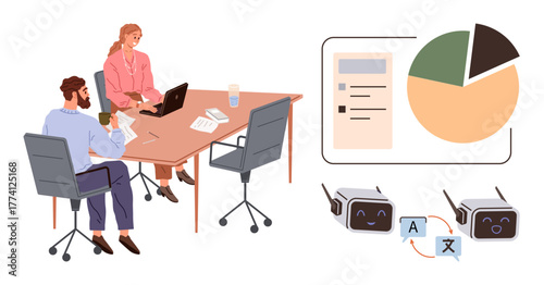 Team collaborating with laptops, pie chart data, survey results, and AI-powered translation bots. Ideal for teamwork, data analysis, AI, productivity communication innovation education. Simple