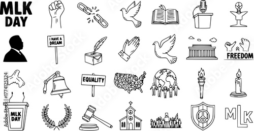 Martin Luther King Jr. Day hand-drawn doodle icons set. Vector illustrations of civil rights, freedom, peace, and equality symbols.