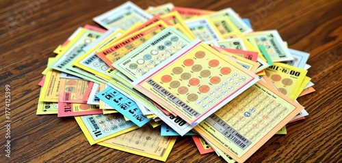 Pile of colorful scratch-off lottery tickets on wooden table,  cards,  surface