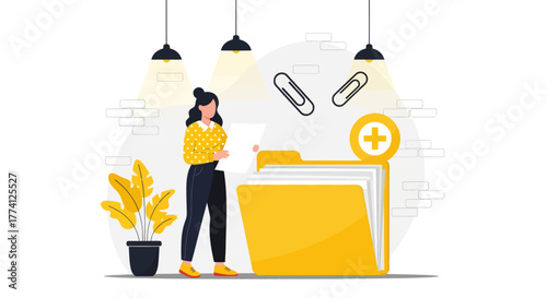 Woman organizing digital documents and files in large folder. Modern office concept illustration for data management, teamwork, file storage, and productivity design.