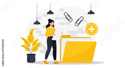Woman organizing digital documents and files in large folder. Modern office concept illustration for data management, teamwork, file storage, and productivity design.