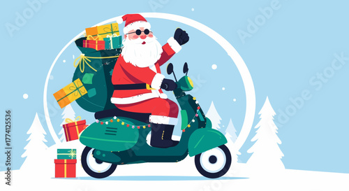 Santa Claus riding scooter with big sack of Christmas gifts. Festive flat vector illustration symbolizing holiday delivery, winter celebration, and cheerful Christmas spirit.