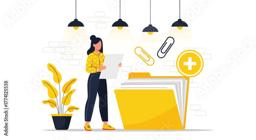 Woman organizing digital documents and files in large folder. Modern office concept illustration for data management, teamwork, file storage, and productivity design.
