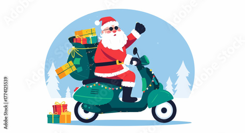 Santa Claus riding scooter with big sack of Christmas gifts. Festive flat vector illustration symbolizing holiday delivery, winter celebration, and cheerful Christmas spirit.