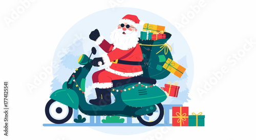 Santa Claus riding scooter with big sack of Christmas gifts. Festive flat vector illustration symbolizing holiday delivery, winter celebration, and cheerful Christmas spirit.