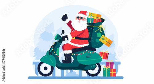 Santa Claus riding scooter with big sack of Christmas gifts. Festive flat vector illustration symbolizing holiday delivery, winter celebration, and cheerful Christmas spirit.