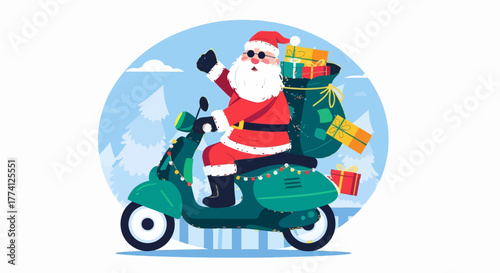 Santa Claus riding scooter with big sack of Christmas gifts. Festive flat vector illustration symbolizing holiday delivery, winter celebration, and cheerful Christmas spirit.